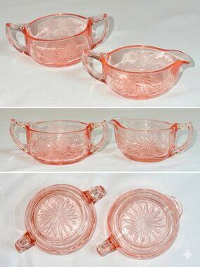 Vintage Pink Depression Glass Creamer & Sugar Bowl Set Floral Etched
